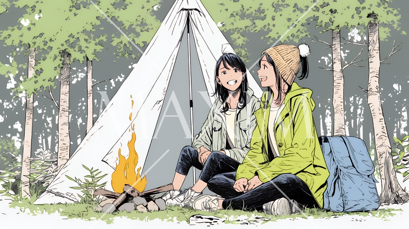 女友達と一緒にテントキャンプを楽しむ若い女性