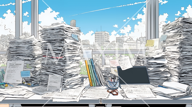 机の上に書類が山のように積まれている：書類整理ができていない状態
