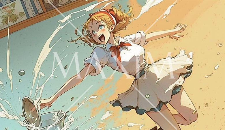 覆水盆に返らず：ウエイトレスが滑って、料理の入った盆をひっくり返していることで表現