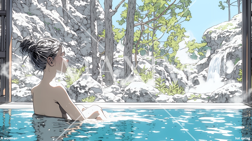 露天風呂に浸かっている若い女性