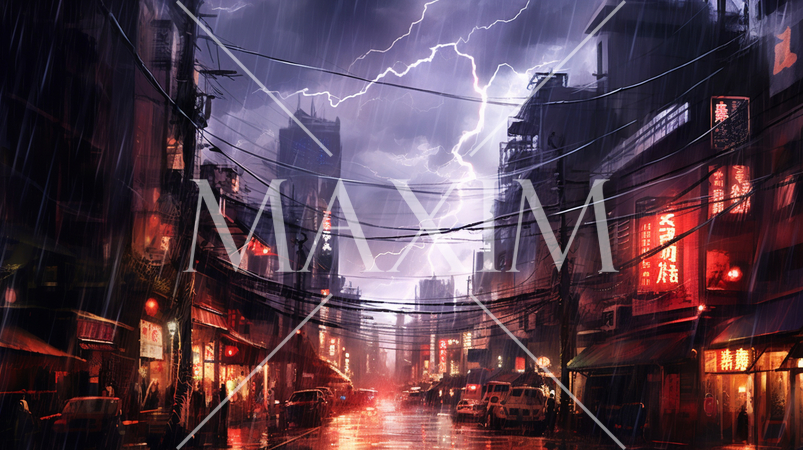 夜の街の落雷-水彩画