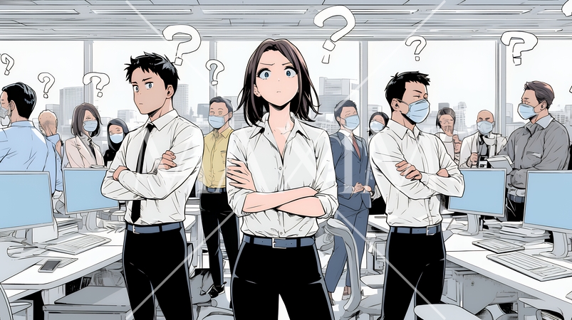 数人のビジネスパーソンが腕組みをして疑問を抱いた顔をしている