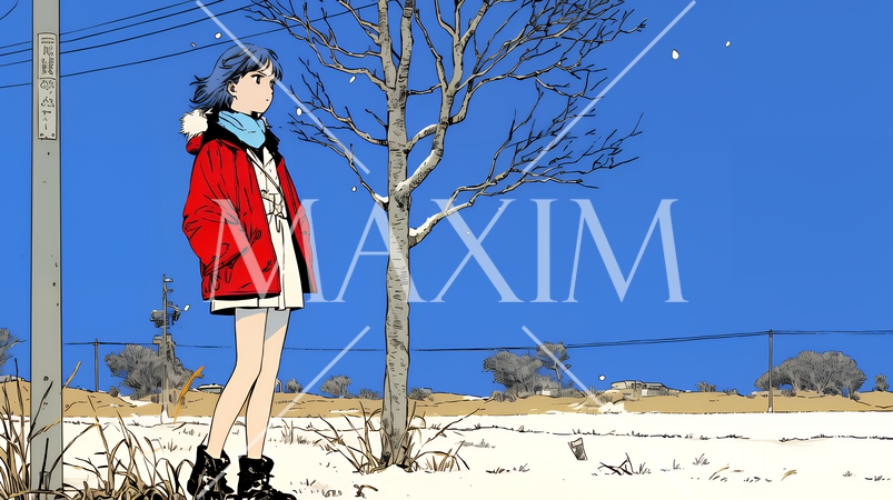 冬枯れの郊外の道を歩く若い女性