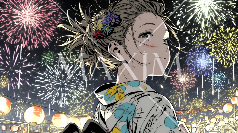 打ち上げ花火を見ている浴衣を着た若い女性