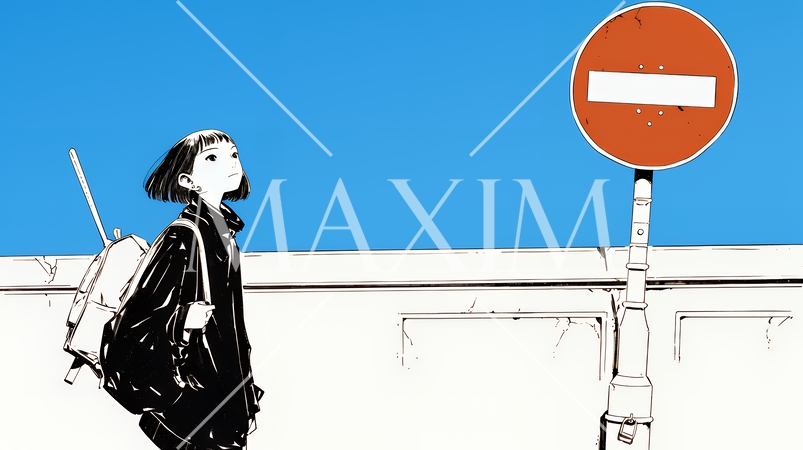 Noという意思表示：進入禁止マークと無表情な女性で表現（シンプルな色使い）