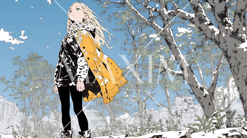 冬枯れの郊外の道を歩く若い女性