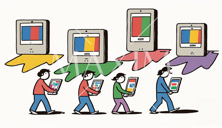 コンピューターと人間の交流：人がデバイスを操作する、情報交換の様子。漫画風。