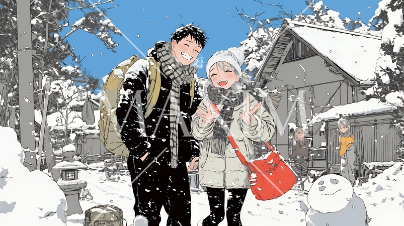 雪の日に家族で仲良く散歩に出かけている