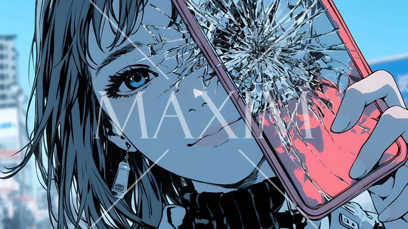 画面が激しく割れているスマートフォンを手にしているいる若い女性