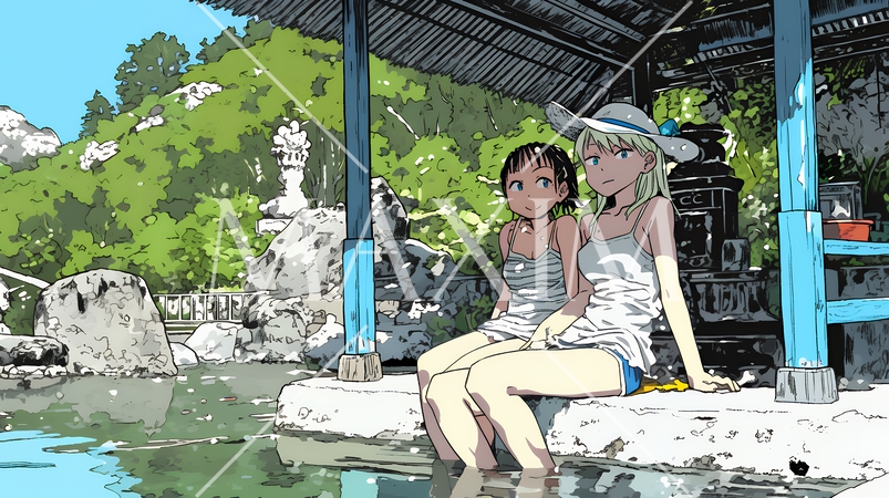 足湯に浸かっている若い女性