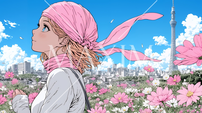 コスモス畑にいる若い女性