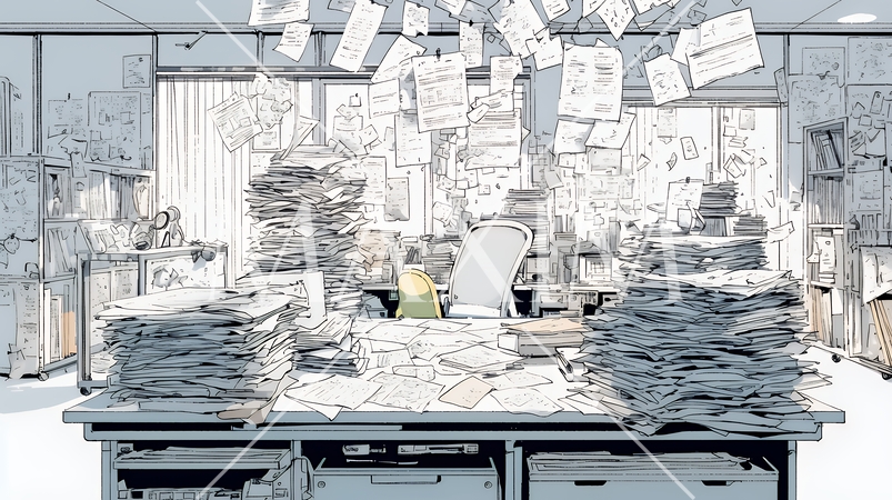 机の上に書類が山のように積まれている：書類整理ができていない状態