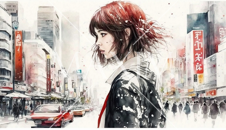 自分探しの旅に出ている若い女性：水彩画