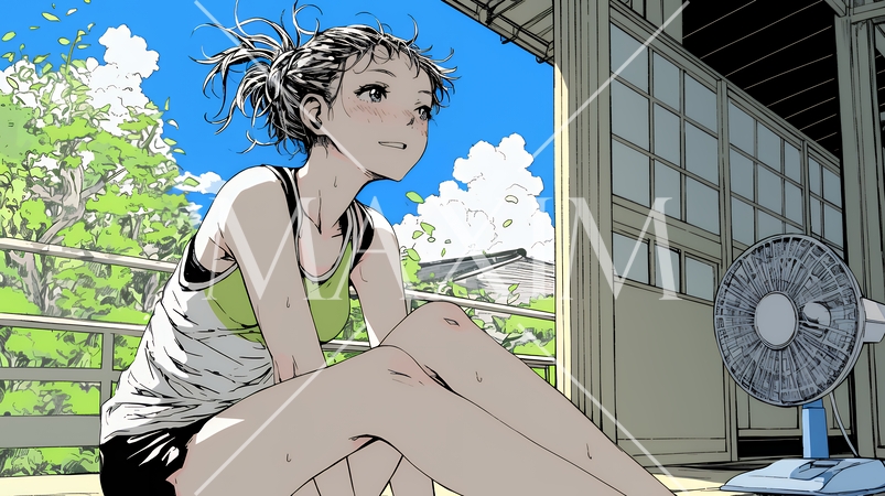 暑い夏の昼下がり、扇風機にあたって涼んでいる若い女性