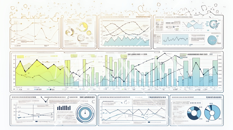 様々なチャートや数値表など様々な計量指標がランダムに空間に散りばめられた背景