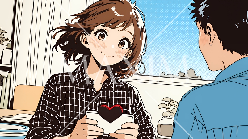 バレンタインディのチョコを男性に渡そうとしている若い女性