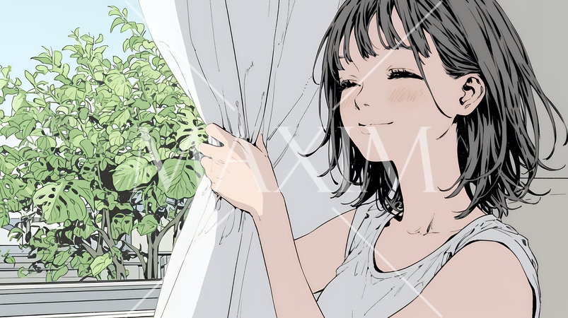 朝、カーテンを開けて天気を確認する若い女性