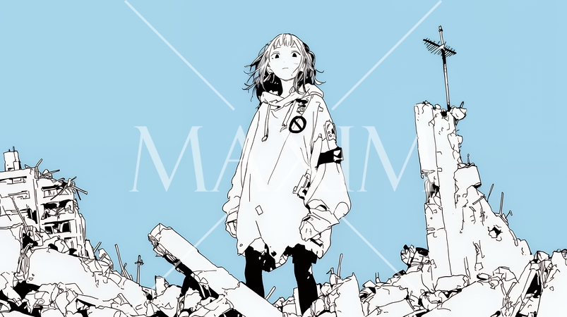 震災や空爆などで破壊された街で孤独に立ちすくむ若い女性（シンプルな色合い）