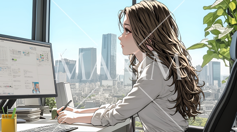 職場のデスクでパソコンに向かって仕事をしているビジネスウーマン