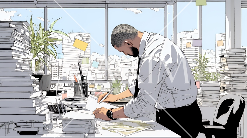 オフィスのデスクで、入念に書類をチェックする男性