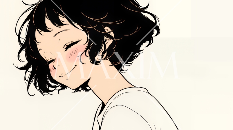 「うふふ」と微笑んでいる若い女性（シンプルな色使い）