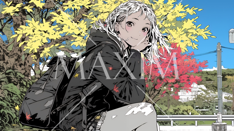 紅葉の秋の街を歩く若い女性