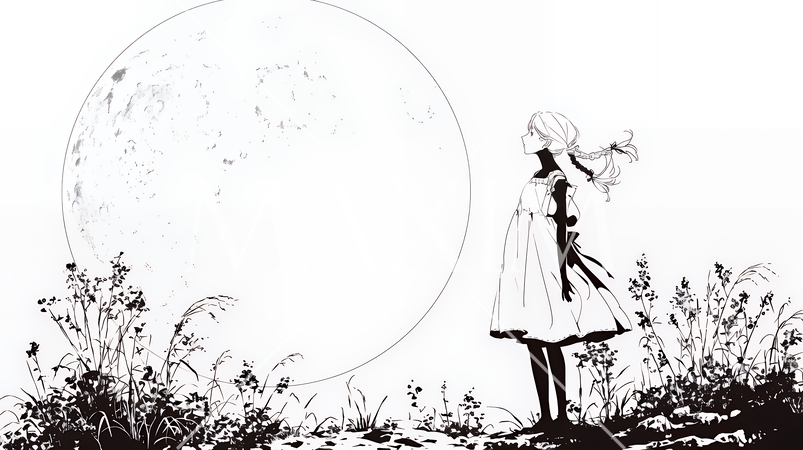 月見をしている若い女性（シンプルな色使い）