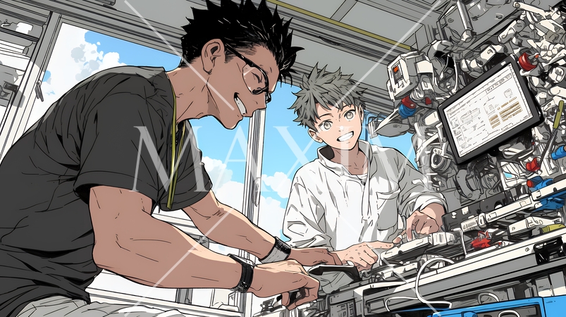 OJT：工場環境で機械の操作方法をチームメンバーに集中した表情で教える監督者