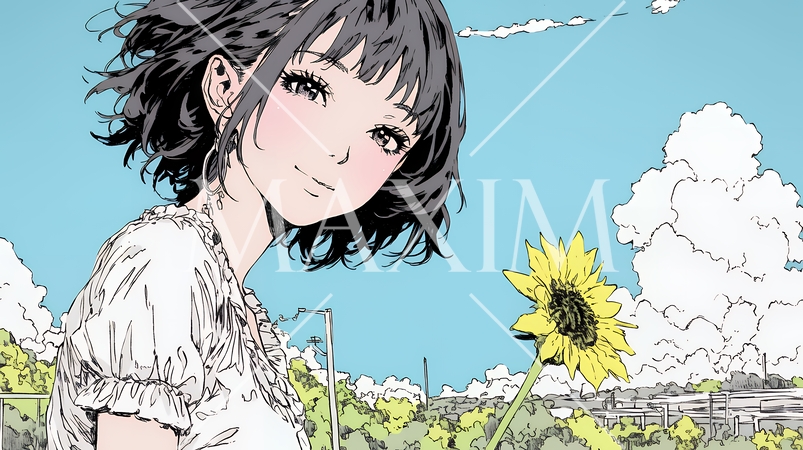 真夏の青空のもと、ヒマワリ畑を散策している若い女性