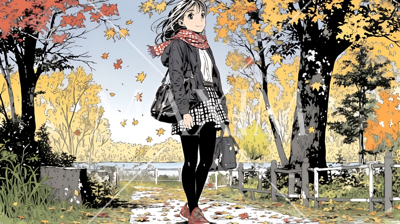 水辺の紅葉の小径を散策している若い女性