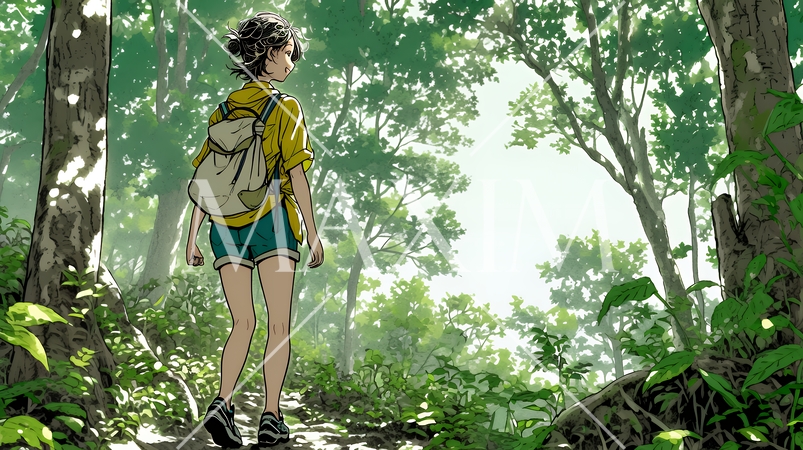 初夏の森でトレッキングを楽しむ若い女性｜新緑とアウトドアの爽やかなライフスタイル