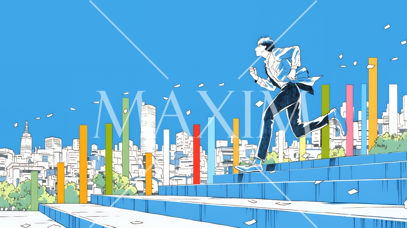 棒グラフの都会の町並みを駆け抜けるビジネスパーソン