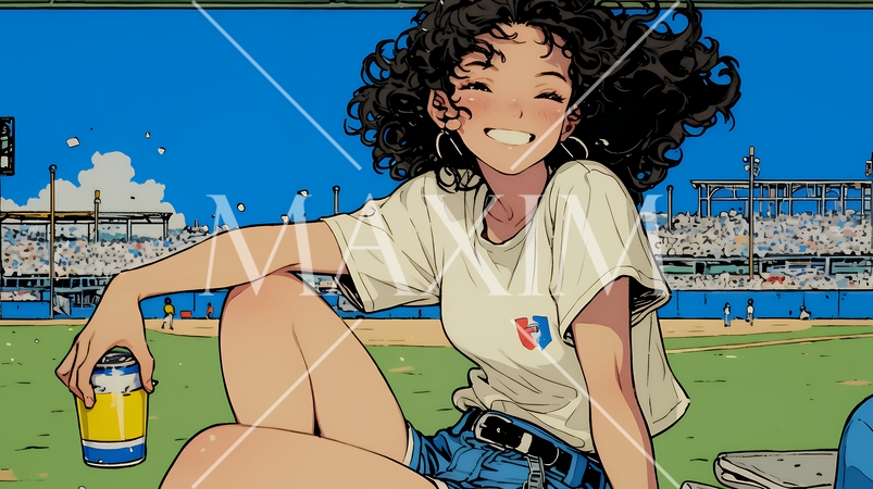 野球などの屋外スポーツを観戦しながら、ビールを楽しむ若い女性。