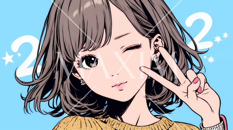 アイドルのように顔の横でピース＋ウィンクしている若い女性
