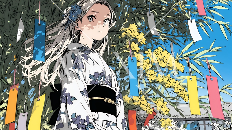 七夕飾りと和服を着た若い女性