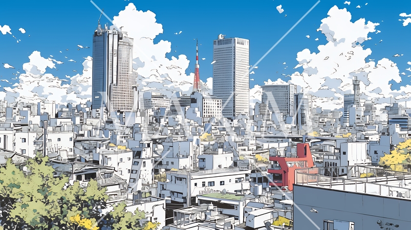 都市の町並みと青空