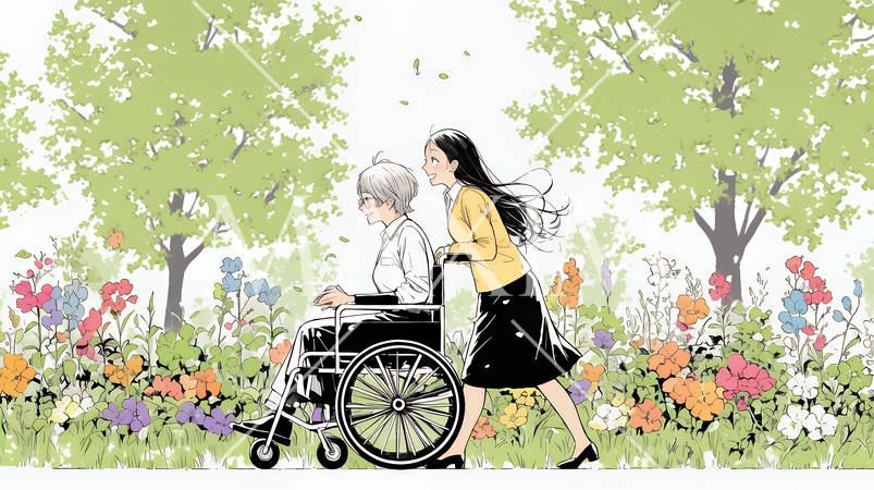 車椅子の歳をとった女性が若い女性に付き添われて公園を散歩している