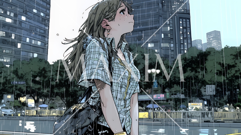 夏の急な雨でびしょ濡れの若い女性