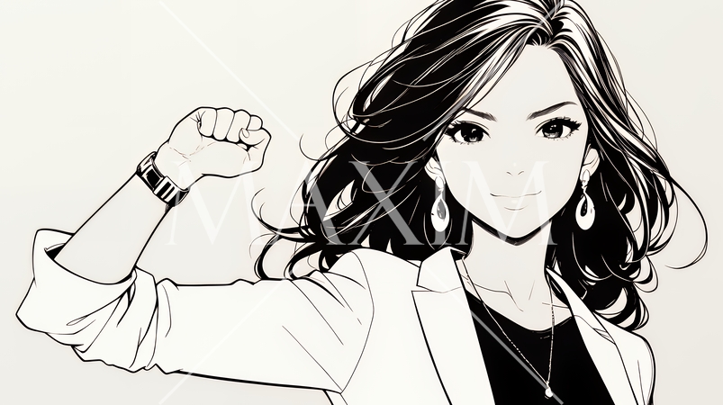 ガッツポーズ（拳を握って力強く）をしているビジネスウーマン（シンプルな色使い）