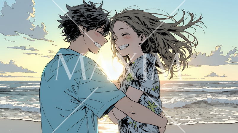 夕方の海辺でハグする（抱き合う）若い恋人たち