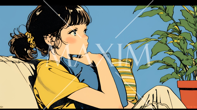 ソファでクッションを抱えてくつろぐ若い女性