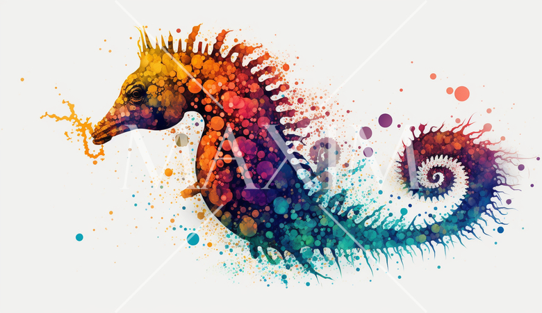 タツノオトシゴ：カラフルでサイケデリックでシュールレアリズム的な水彩画