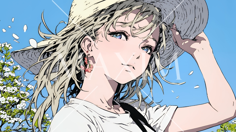 春風に飛ばされそうな帽子を、手で押さえる若い女性