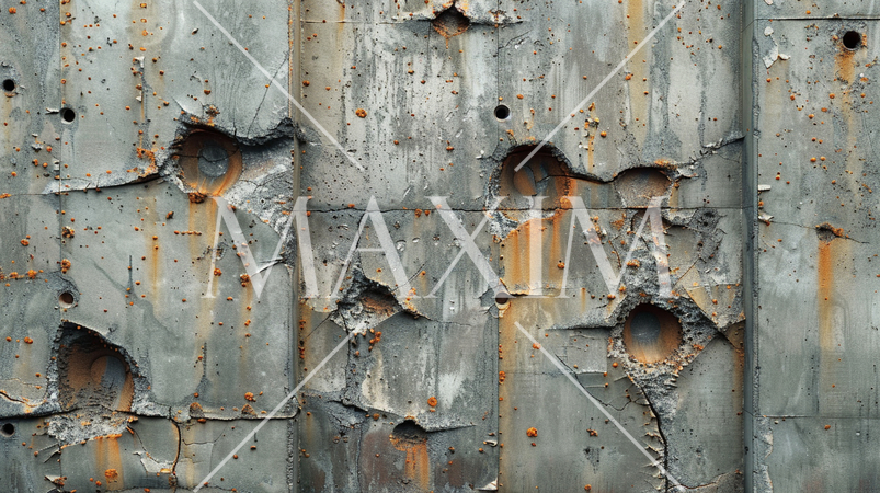 弾痕のようにひび割れて鉄筋のさびがにじみ出ているコンクリート壁のイメージ：精緻CG