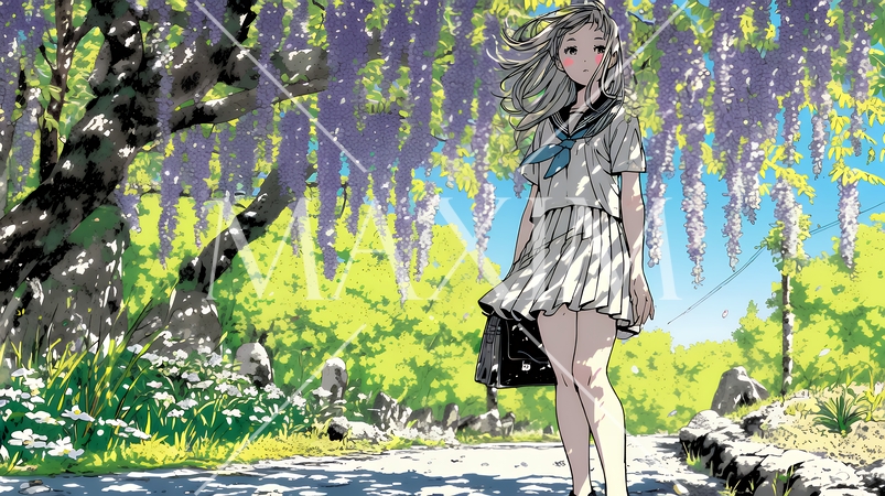 満開の藤の花の下を歩いている女子高生