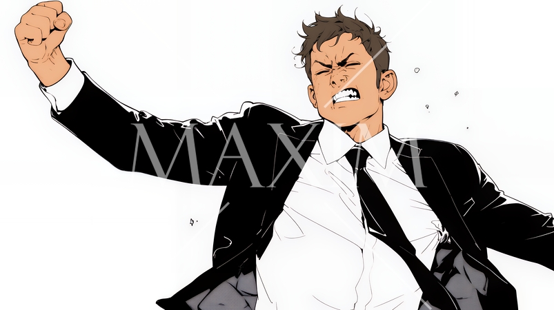 ガッツポーズ（拳を握って力強く）をしているビジネスマン（シンプルな色使い）