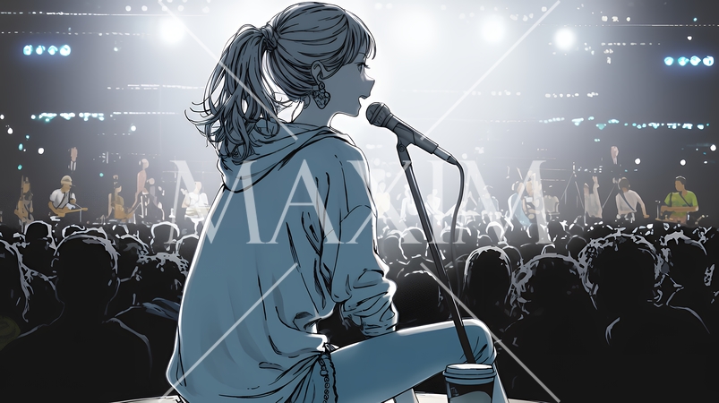 ステージでマイクを握り、情熱的に歌い上げる女性