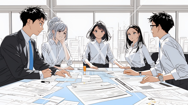 資料を見ながら打ち合わせをする会社員｜オフィスのビジネスミーティングイメージ