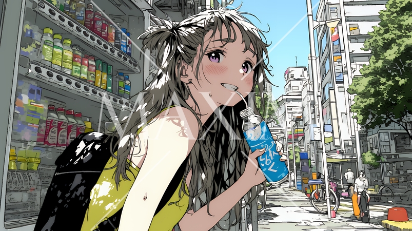 自動販売機で飲み物を購入する若い女性｜日常・ライフスタイル・屋外シーン