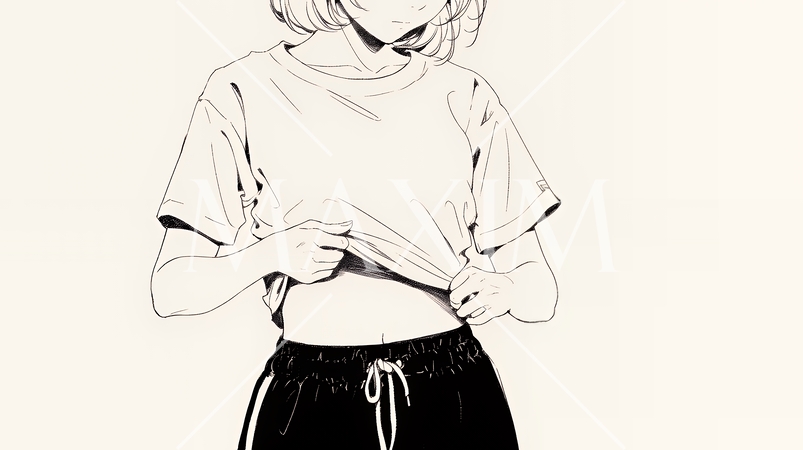 ウェストライン（腰回り）をチェックしている女性（シンプルな色使い）